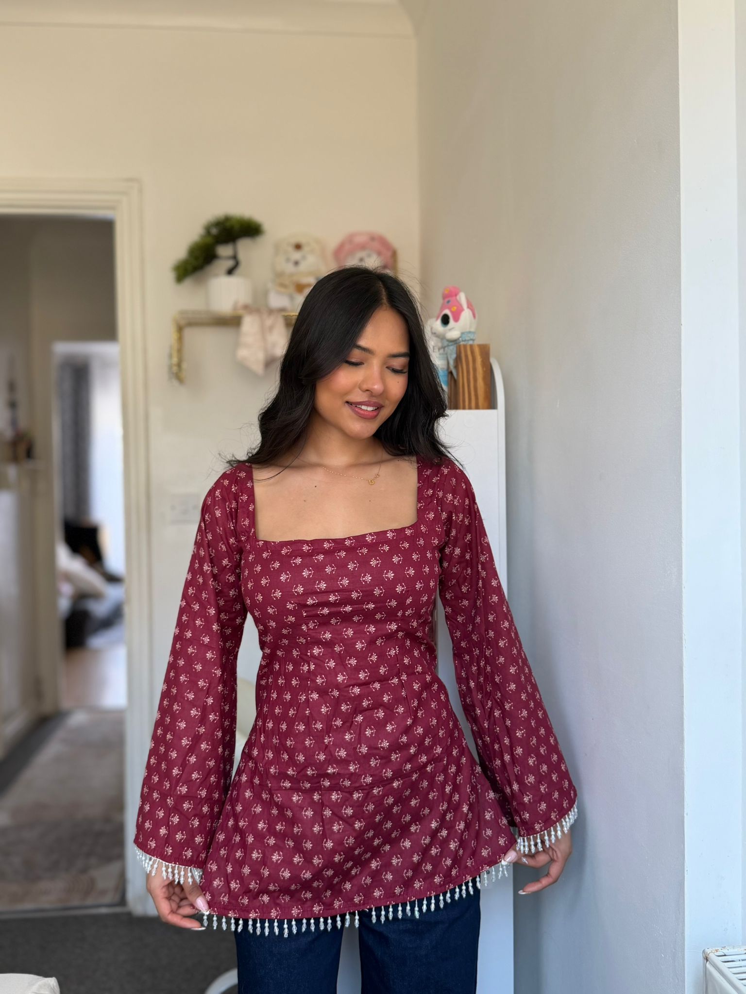 Square-neck bell sleeve short kurti top