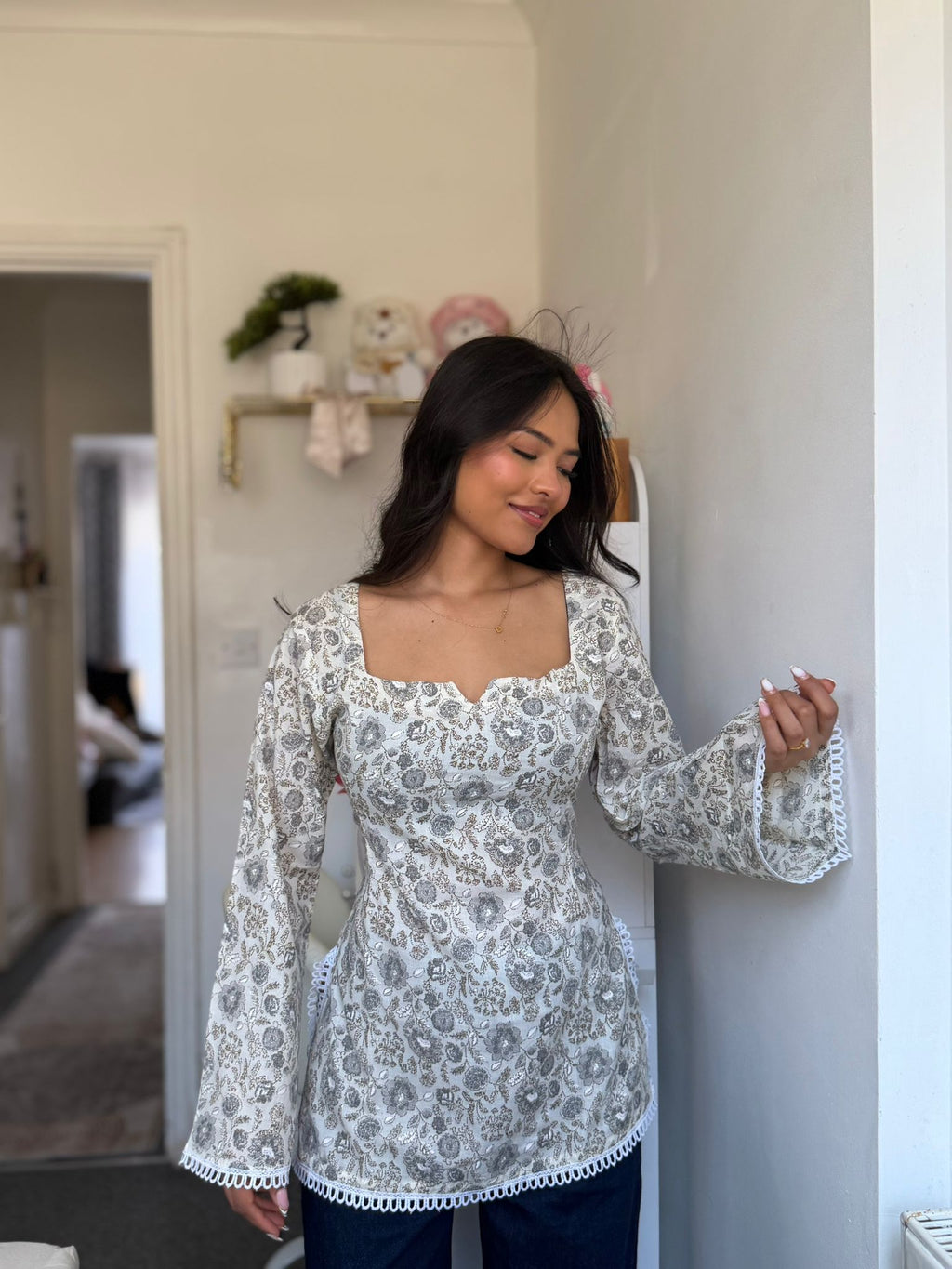 Floral Milkmaid Kurthi Top with Bell Sleeves